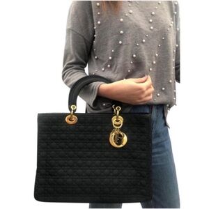 Authentic Christian Dior Lady Dior bag black nylon canvas gold DIOR medium